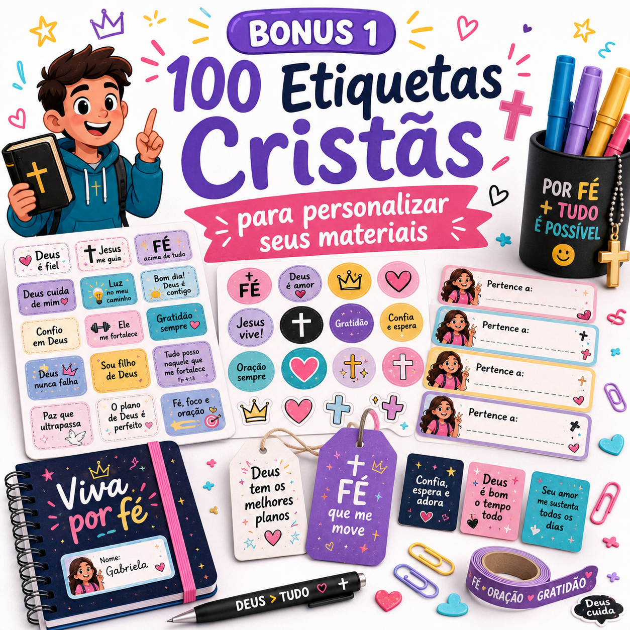 Bonus 1 com 100 etiquetas cristas para personalizar materiais