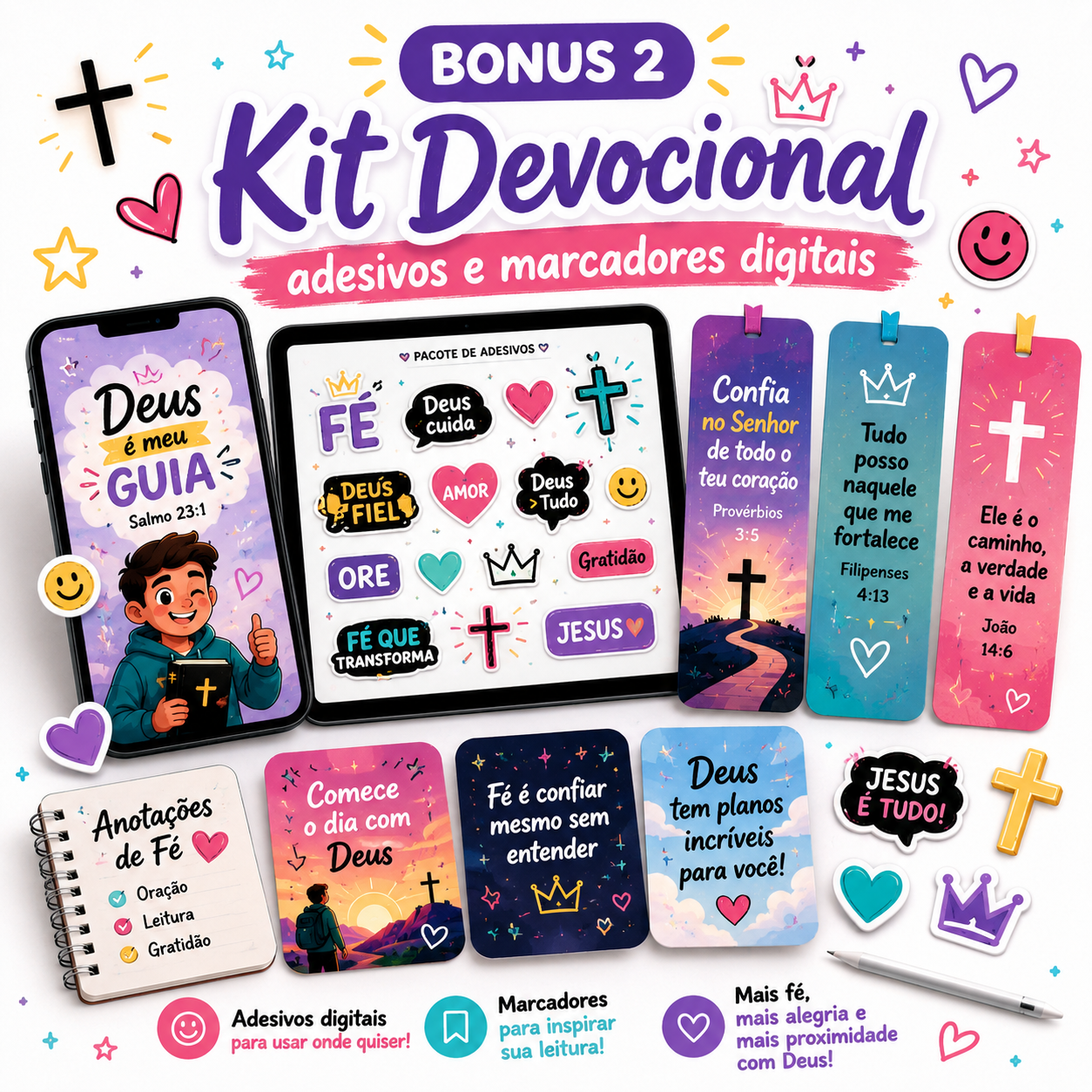 Bonus 2 kit devocional com adesivos e marcadores digitais