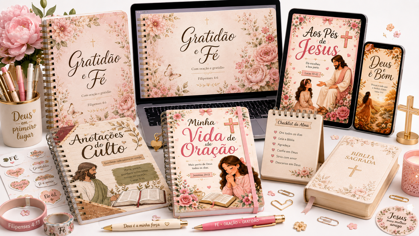 Mockup com capas cristas, cadernos devocionais, celular e notebook
